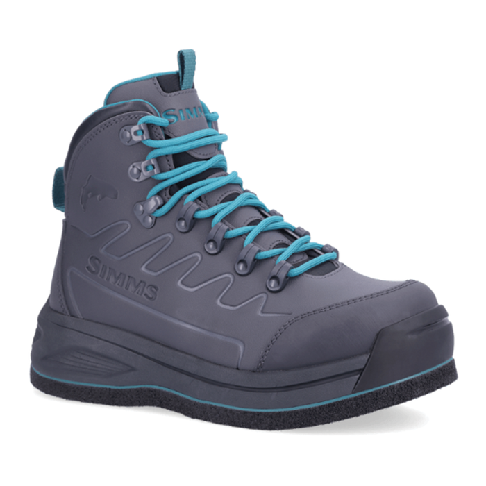 Simms Freestone Wading Boot - Felt Sole - Women's in gray with turquoise laces, designed for comfort and durability in fishing environments.