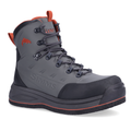 Simms Freestone Wading Boot - Felt Sole in gray and black with orange accents, featuring high ankle support, durable laces, and a textured felt sole designed for fishing and wading activities.