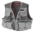 Simms G3 Guide Vest in gray with multiple zippered and Velcro pockets, designed for fishing tackle and gear organization, featuring breathable mesh back for comfort.