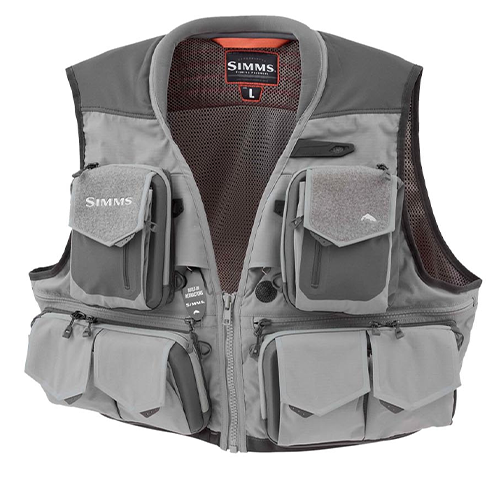 Simms G3 Guide Vest in gray with multiple zippered and Velcro pockets, designed for fishing tackle and gear organization, featuring breathable mesh back for comfort.
