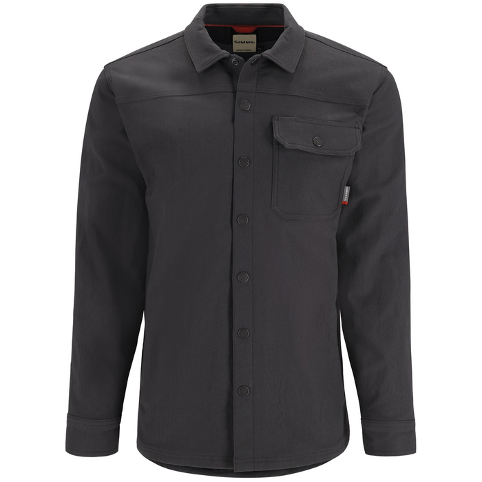 Simms Gallatin Chore Coat - Men's in black, featuring a button-up front, long sleeves, collar, and a single chest pocket with button closure, designed for durability and comfort.