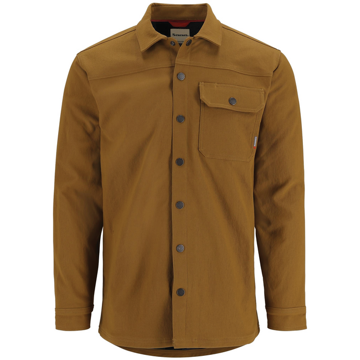 Simms Gallatin Chore Coat - Men's in brown with long sleeves, button front closure, and a single button-flap chest pocket, designed for outdoor and fishing activities.