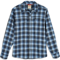 Simms Gallatin Flannel LS Shirt - Men's, long-sleeve button-up shirt in blue and black plaid made from soft flannel fabric, featuring two chest pockets and a classic collar.