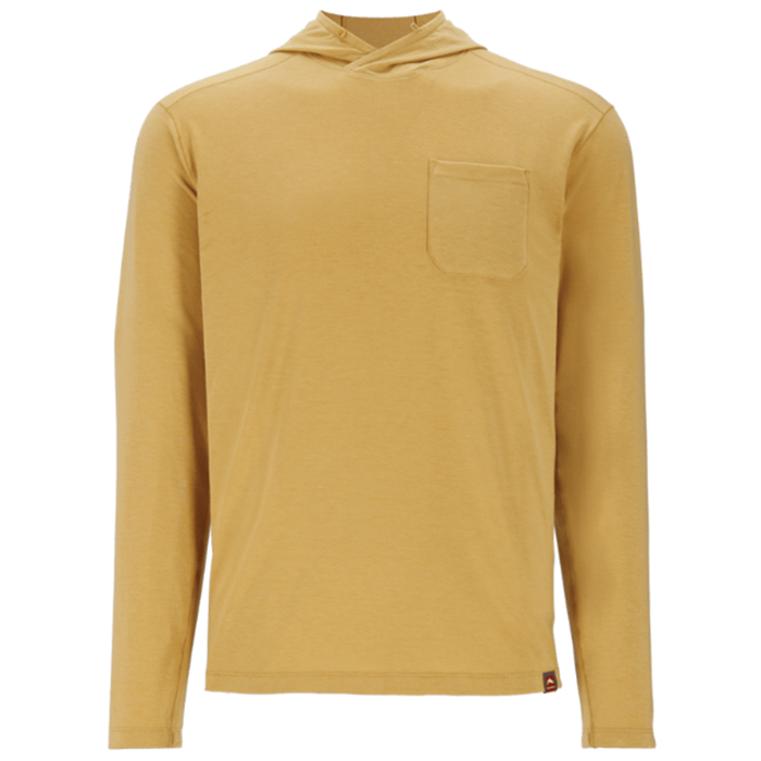 Simms Glades Hoody - Men's in tan color with long sleeves, a hood, and a chest pocket, designed for comfort and layering during fishing or outdoor activities.