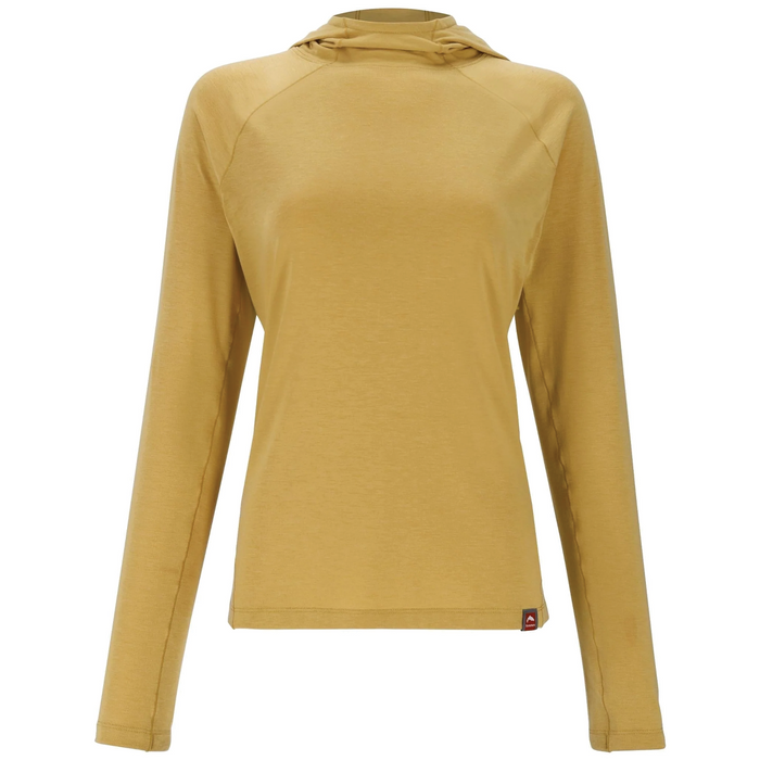 Simms Glades Hoody - Women's in a light brown color featuring long raglan sleeves, a fitted silhouette, and a lightweight hood designed for outdoor fishing activities.