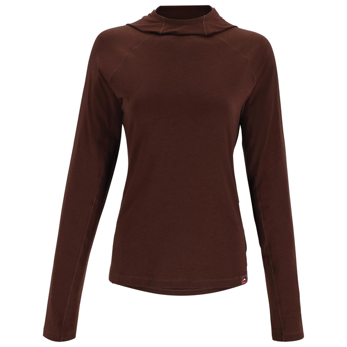 Simms Glades Hoody - Women's in dark brown, long-sleeve lightweight fishing shirt with hood, designed for comfort and protection during outdoor fishing activities.