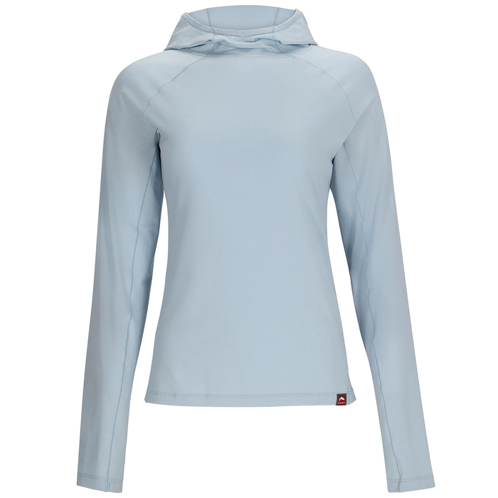 Simms Glades Hoody - Women's in light blue, featuring long sleeves and a fitted hood, designed for outdoor fishing activities with lightweight, breathable fabric ideal for layering.