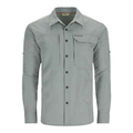 Simms Guide Shirt - Men's in light gray, long-sleeve fishing shirt with button-down front and multiple chest pockets designed for outdoor and fishing activities.
