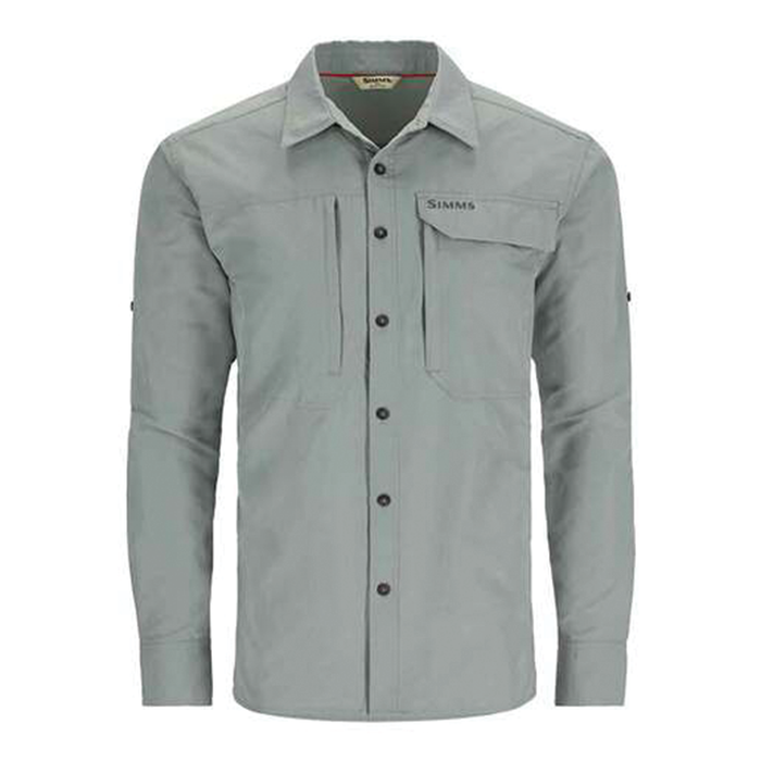 Simms Guide Shirt - Men's in light gray, long-sleeve fishing shirt with button-down front and multiple chest pockets designed for outdoor and fishing activities.
