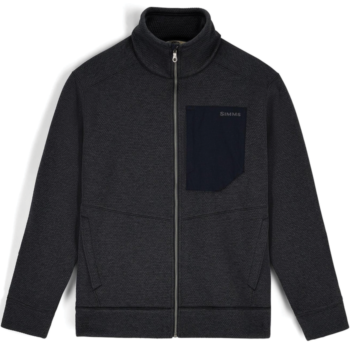 Simms Harbor Fleece - Men's is a dark gray full-zip fleece jacket with a textured pattern, featuring a contrasting chest pocket with the Simms logo, designed for outdoor and fishing activities.