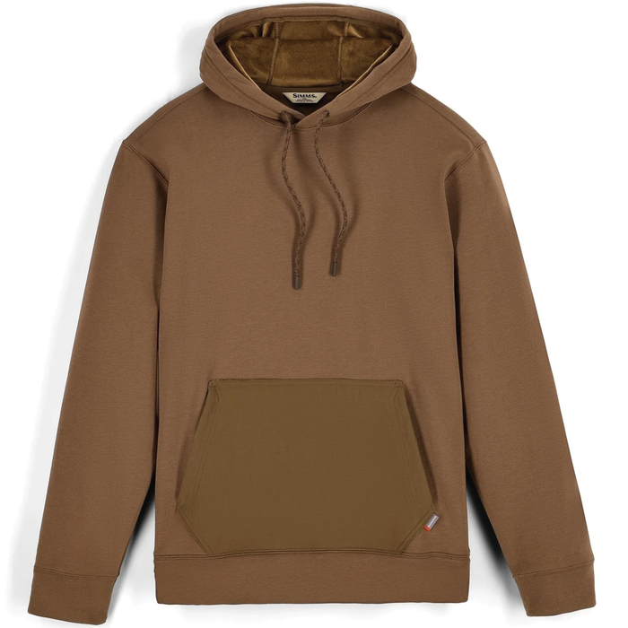 Simms Harbor Hoody - Men's in brown with a front kangaroo pocket, adjustable drawstring hood, and soft lining for comfort during fishing or outdoor activities.