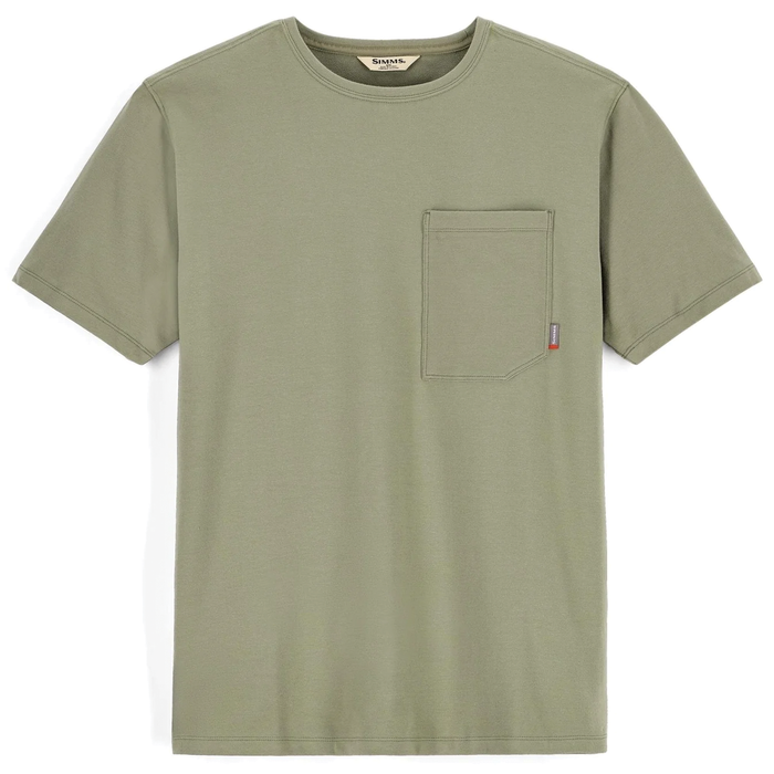 Simms Harbor Pocket T-Shirt - Men's in olive green with a crew neckline, short sleeves, and a small chest pocket featuring a subtle tag detail, designed for outdoor fishing activities.