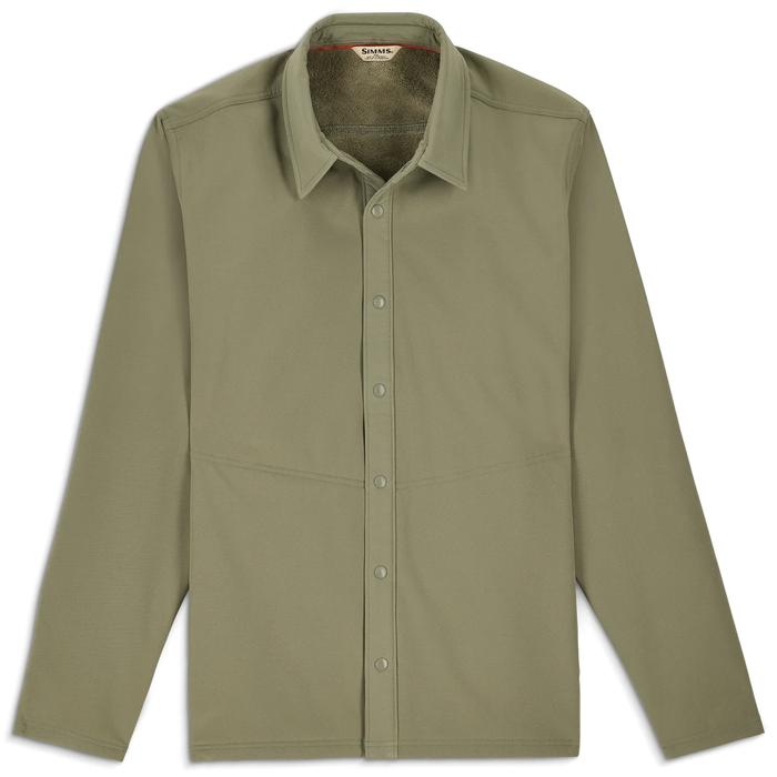 Simms Harbor Shackett - Men's in olive green with long sleeves, button-front closure, and a soft inner lining designed for outdoor fishing comfort and durability.