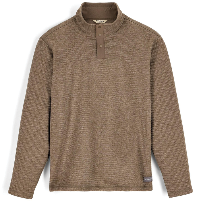 Simms Harbor Sweater - Men's in a textured brown fabric with long sleeves and a snap-button collar, designed for comfort and warmth during fishing activities.