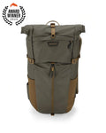 Simms Headwaters Backpack in olive green with tan accents, featuring multiple zippered compartments and side pockets, designed for durable outdoor and fishing tackle use.