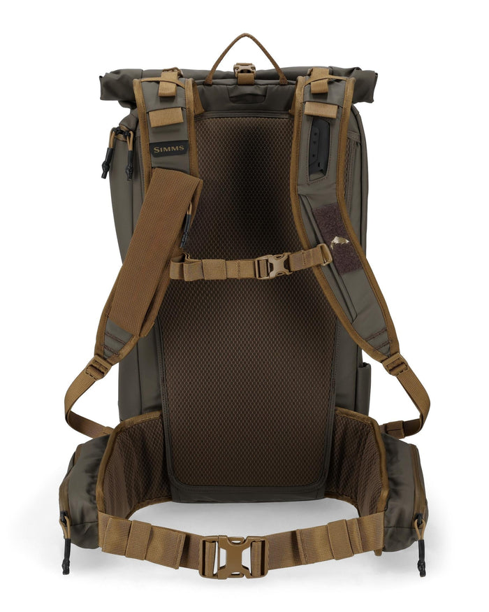 Simms Headwaters Backpack shown from the back with padded shoulder straps, breathable mesh back panel, adjustable chest and waist straps, designed for comfortable carrying during fishing and outdoor activities.
