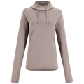 Simms Heavyweight Baselayer Hoody - Women's in light taupe, long-sleeve fitted base layer with hood and adjustable drawstrings, designed for warmth and comfort during fishing activities.