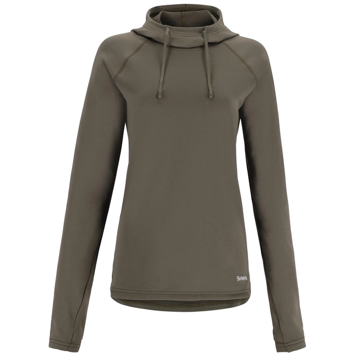 Simms Heavyweight Baselayer Hoody - Women's in olive green with long raglan sleeves, adjustable hood with drawstrings, and a fitted hem, designed for outdoor fishing comfort.
