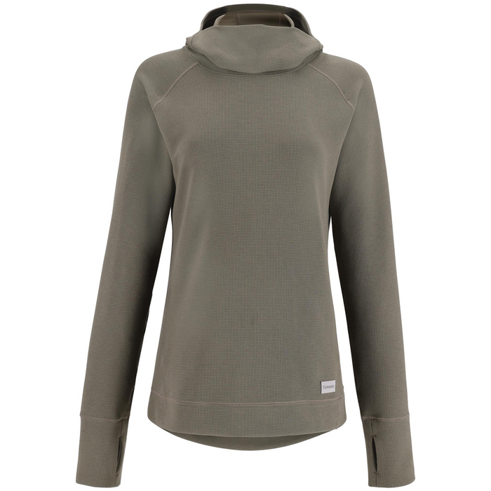 Simms Highline Hoody - Women's in muted olive green with long sleeves, thumb holes, and a relaxed fit, designed for outdoor fishing activities and layering.