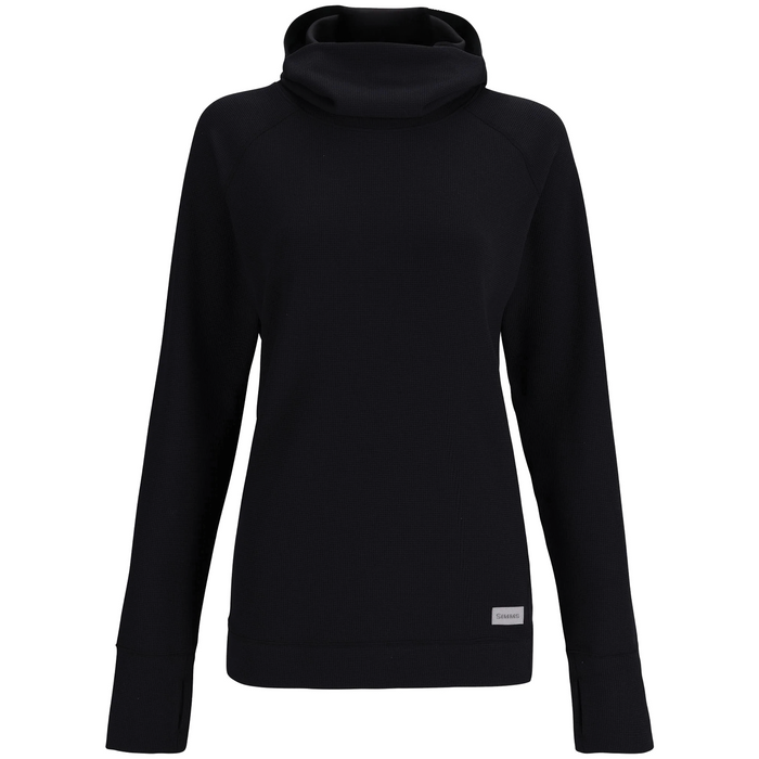 Simms Highline Hoody - Women's in black, featuring long raglan sleeves, a high funnel neck, and a slim fit with a small logo patch near the hem, designed for outdoor fishing comfort.