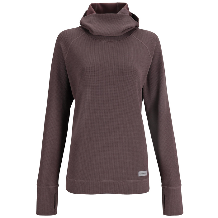 Simms Highline Hoody - Women's in muted brown, featuring a high, adjustable cowl neck, long sleeves with thumb holes, and a fitted, seamless design ideal for outdoor fishing activities.