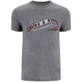Simms Hook And Loop T-Shirt - Men's in heather gray with a crew neck and a graphic design of a fishing hook and the word "Simms" across the chest, made from soft fabric suitable for fishing enthusiasts.