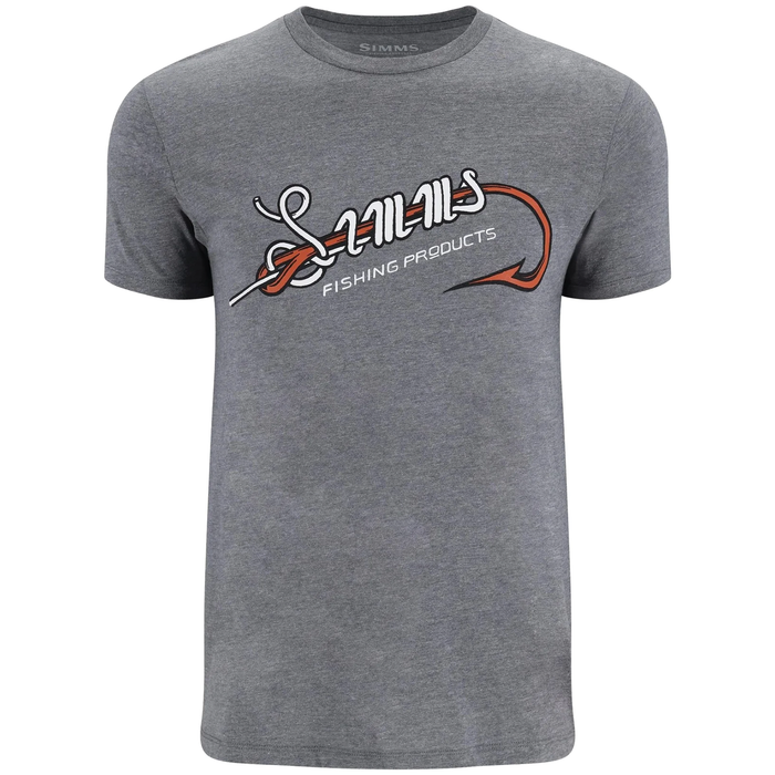 Simms Hook And Loop T-Shirt - Men's in heather gray with a crew neck and a graphic design of a fishing hook and the word "Simms" across the chest, made from soft fabric suitable for fishing enthusiasts.