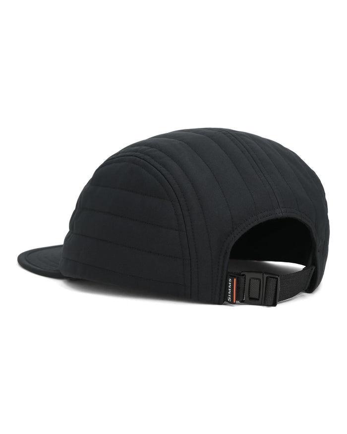 Simms Insulated Ballcap in black with quilted padded design, adjustable strap at the back, designed for warmth and comfort during outdoor fishing activities.