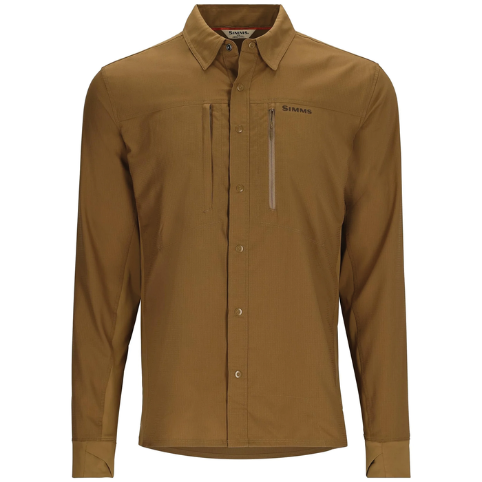 Simms Intruder BiComp Shirt - Men's in brown, featuring a button-up front, zippered chest pocket, long sleeves, and a collar, designed for fishing comfort and durability.