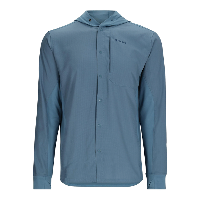Simms Intruder Hoody - Men's, lightweight long-sleeve blue fishing shirt with a button front, chest pocket, and attached hood designed for outdoor fishing activities.