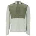 Simms Latitude BiComp Hoody - Men's in light gray with olive green chest panel, featuring a hood, long sleeves, and breathable lightweight fabric designed for fishing and outdoor activities.