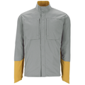 Simms Latitude BiComp Shirt - Men's in light gray with mustard yellow accents on the inner collar and lower sleeves, featuring a high collar, snap button front, and multiple chest pockets designed for fishing tackle and outdoor use.