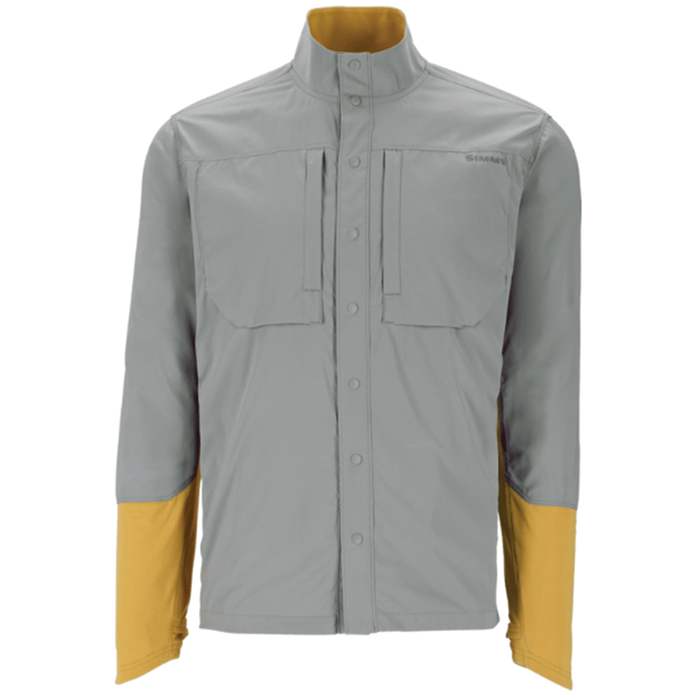 Simms Latitude BiComp Shirt - Men's in light gray with mustard yellow accents on the inner collar and lower sleeves, featuring a high collar, snap button front, and multiple chest pockets designed for fishing tackle and outdoor use.