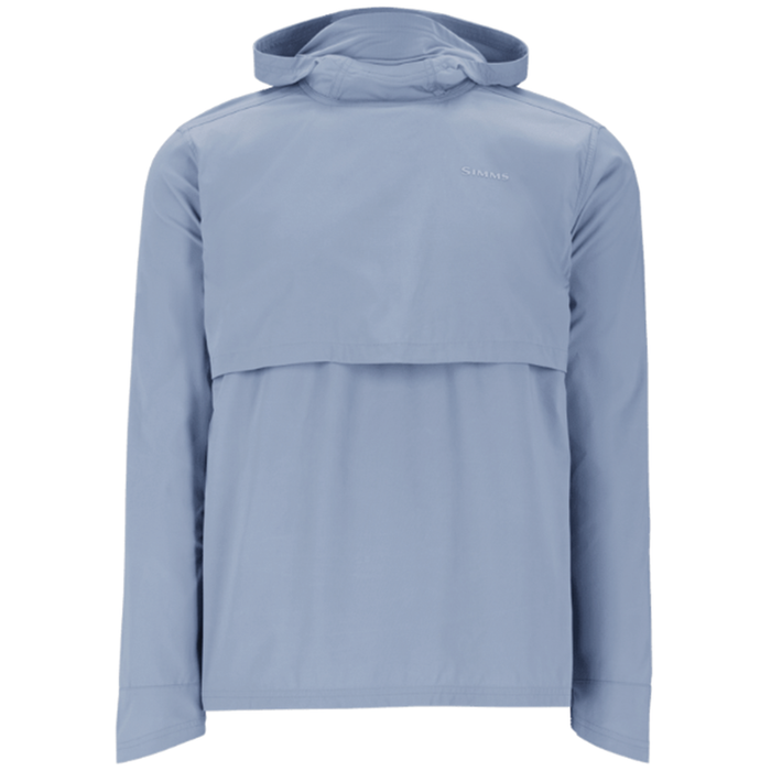 Simms Latitude Hoody - Men's in light blue with long sleeves, adjustable hood, and breathable fabric designed for fishing and outdoor activities.