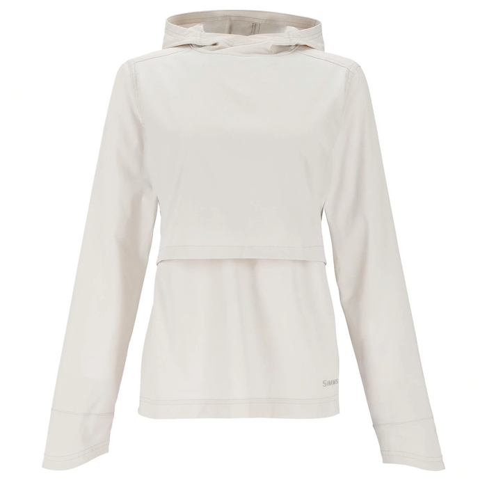 Simms Latitude Hoody - Women's in light beige, featuring long sleeves, a hood, and a breathable fabric designed for outdoor fishing and protection against the elements.