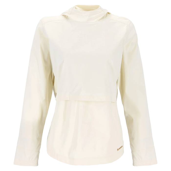 Simms Latitude Hoody - Women's in light beige, featuring long sleeves, a hood, and a breathable fabric design suitable for outdoor fishing activities.