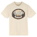 Simms Lazy Bear T-Shirt - Kid's features a beige short-sleeve design with a graphic of a bear fishing in a lake surrounded by pine trees and a sun, framed by a rustic wood border.