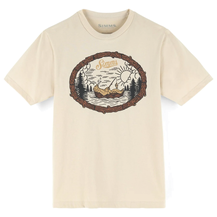 Simms Lazy Bear T-Shirt - Kid's features a beige short-sleeve design with a graphic of a bear fishing in a lake surrounded by pine trees and a sun, framed by a rustic wood border.