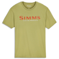 Simms Logo T-Shirt - Men's in olive green with bold red SIMMS text and smaller white "Fishing Products" lettering, short sleeves, and a classic crew neck style.