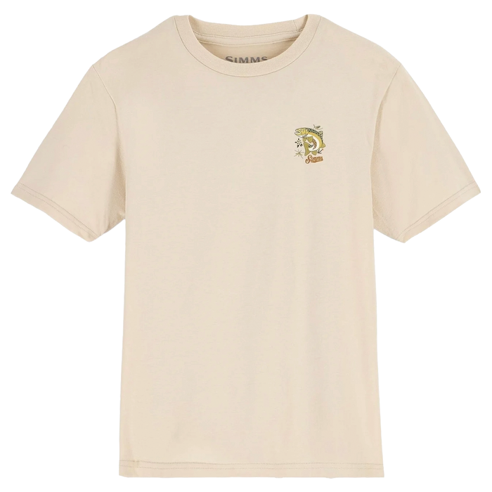 Simms Match The Hatch T-Shirt - Kid's in light beige with short sleeves and a small fishing-themed graphic on the left chest, designed for young fishing enthusiasts.