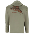 Simms Men's Tech Hoody - Artist Series in muted green with long sleeves, featuring a large detailed fish graphic and fishing line design on the back, made for fishing comfort and style.