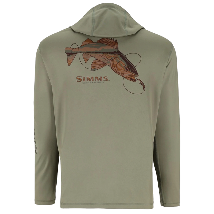 Simms Men's Tech Hoody - Artist Series in muted green with long sleeves, featuring a large detailed fish graphic and fishing line design on the back, made for fishing comfort and style.