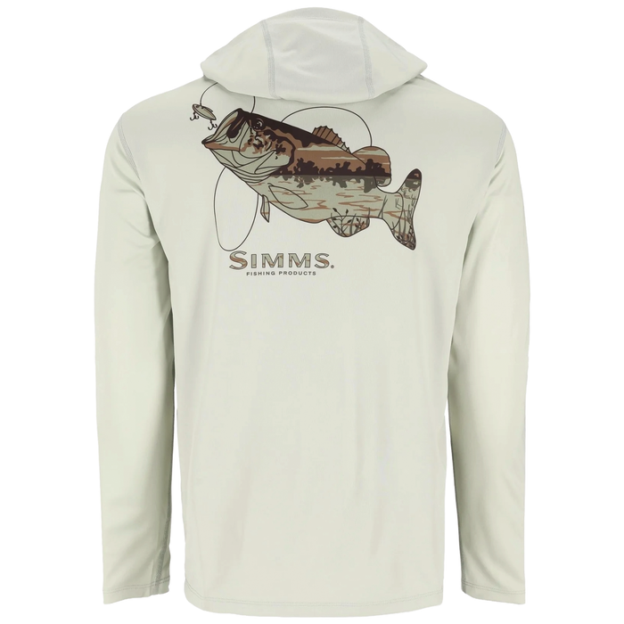 Simms Men's Tech Hoody - Artist Series in light color featuring a detailed brown fishing bass graphic with a fishing hook and line on the back, designed for outdoor fishing comfort.