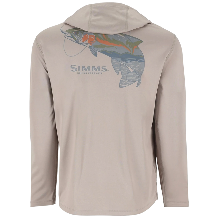 Simms Men's Tech Hoody - Artist Series in light beige featuring a long-sleeve design with hood and a colorful fish graphic on the back, ideal for fishing activities.