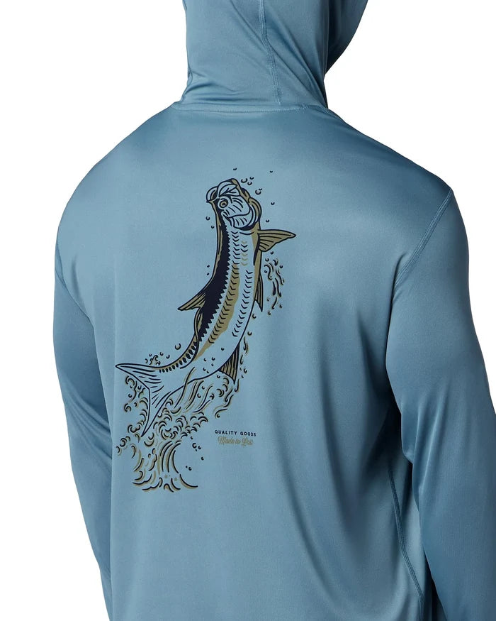 Back view of a light blue Simms Men's Tech Hoody - Artist Series featuring a detailed graphic of a jumping musky fish with water splashes, designed for fishing enthusiasts.