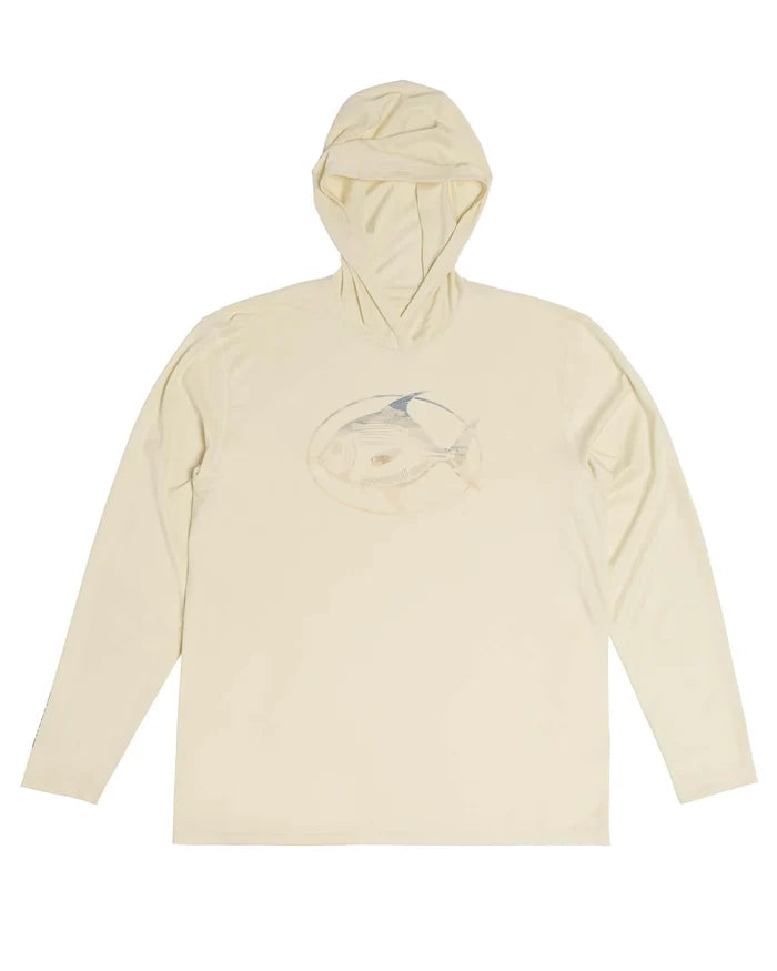 Simms Men's Tech Hoody - Artist Series in light tan color with long sleeves, a hood, and a subtle fish graphic printed on the front, designed for fishing and outdoor activities.