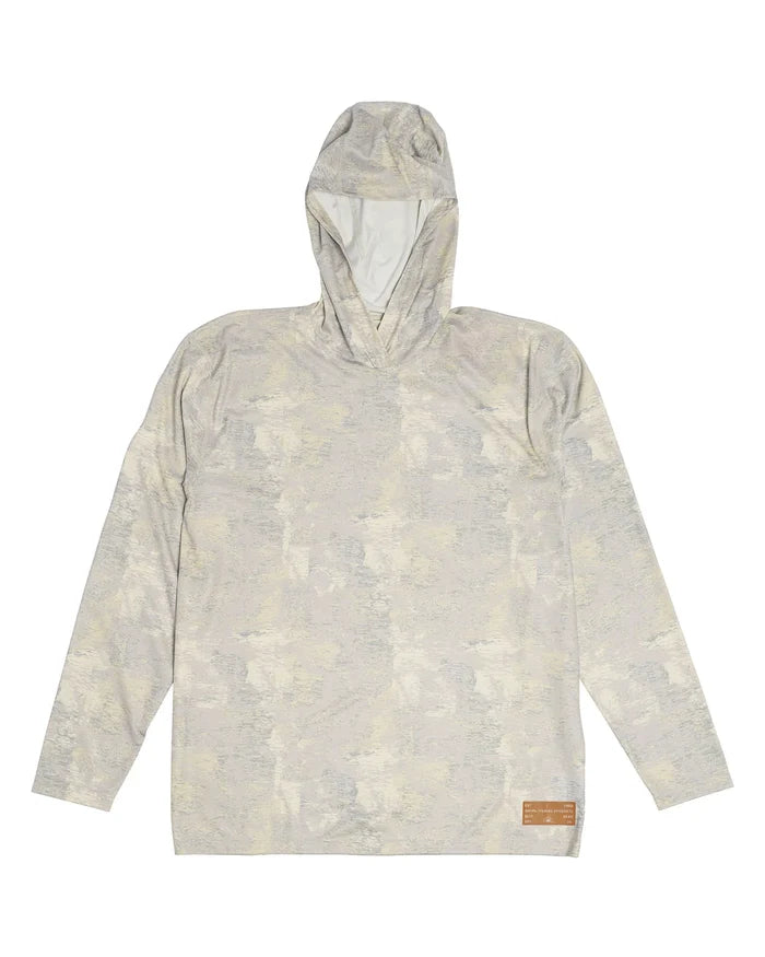 Simms Men's Tech Hoody - Artist Series in light gray camo pattern with long sleeves and attached hood, designed for outdoor fishing comfort and protection.