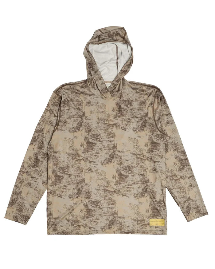 Simms Men's Tech Hoody - Artist Series in a beige and brown camouflage pattern, featuring a lightweight hooded design suitable for fishing and outdoor activities.
