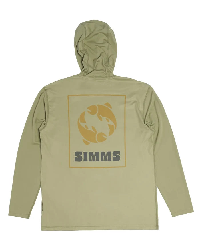 Simms Men's Tech Hoody - Artist Series in light olive green with long sleeves, hood, and large stylized fish logo in tan and gray on the back, designed for fishing enthusiasts.