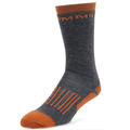 Simms Merino Midweight Hiker Socks - Men's in dark gray with burnt orange accents on the cuff, heel, toe, and arch support stripes, designed for outdoor comfort and durability.